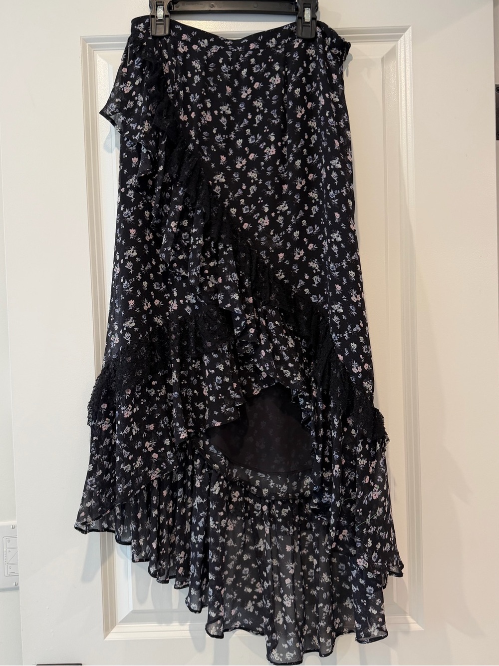 LoveShackFancy Black Floral Ruffle High-Low Skirt- sample size small
